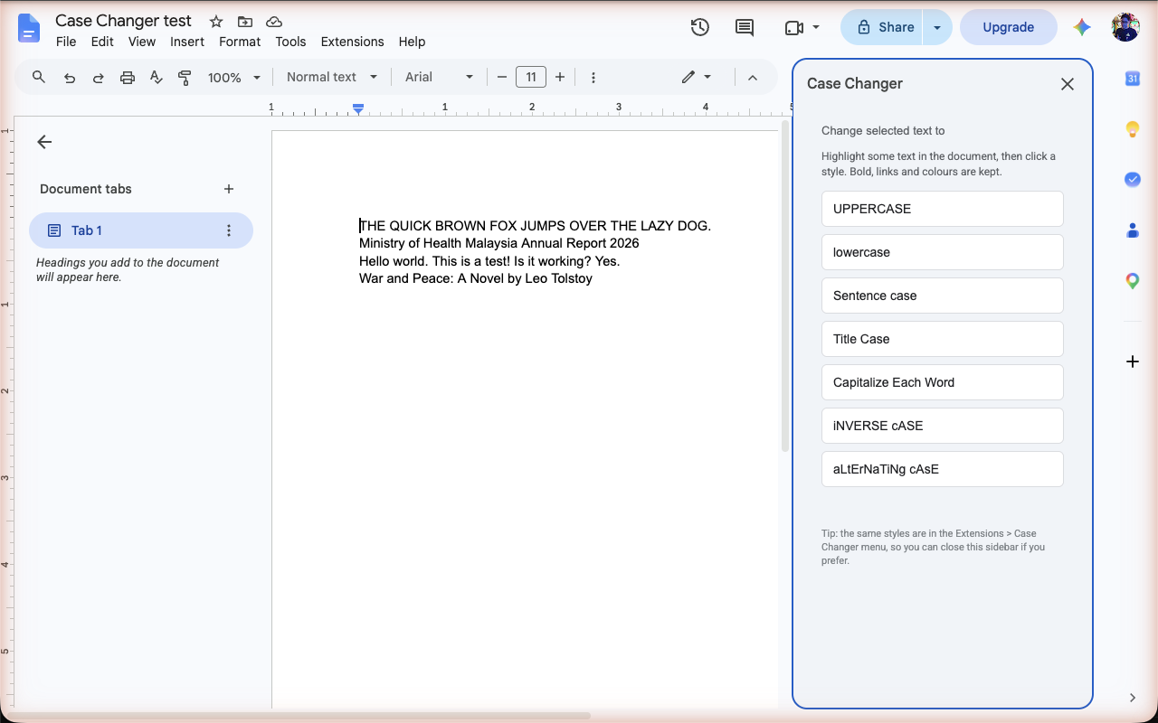 Case Changer sidebar in Google Docs with the case style buttons next to a document