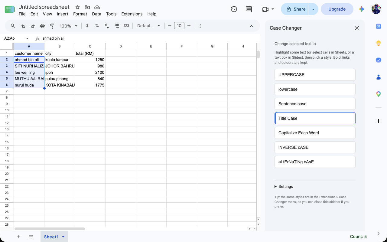 Case Changer sidebar in Google Sheets with a column of customer names selected