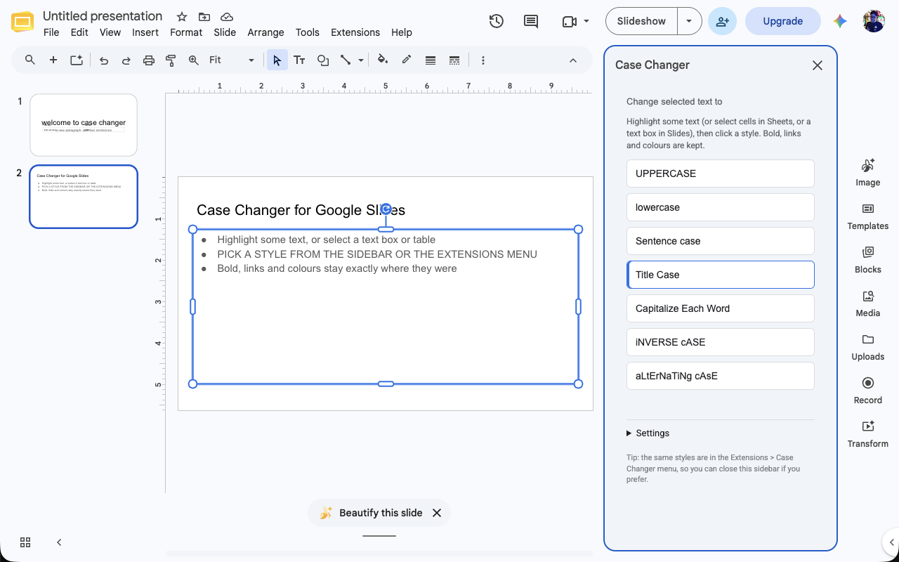 Case Changer sidebar in Google Slides next to a slide with a title and bullet points